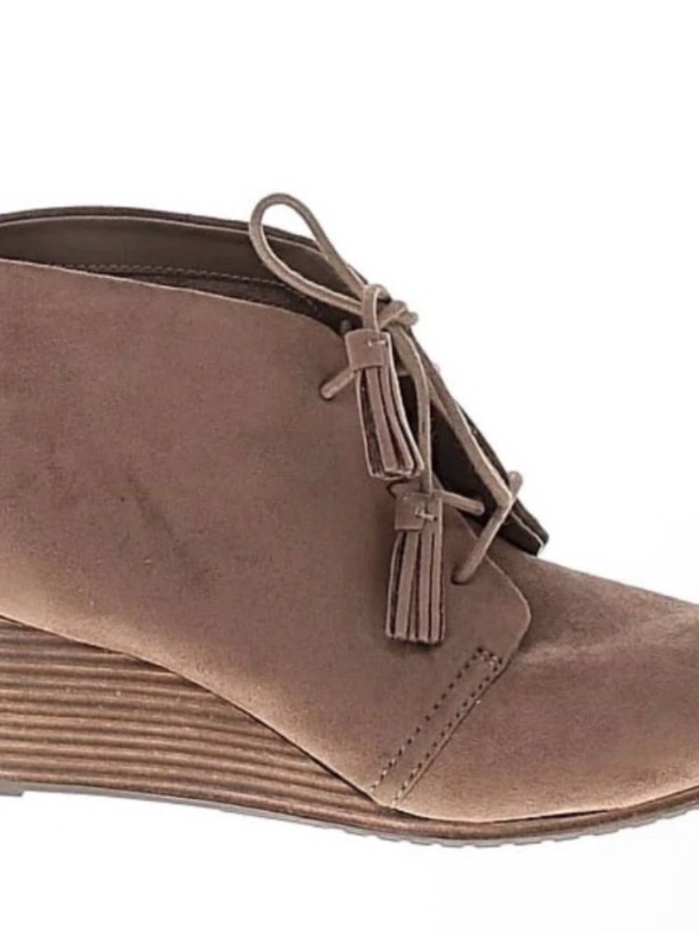 Dr. Scholl's Dakota Taupe Suede Wedge Bootie with Tassel Laces- Wide